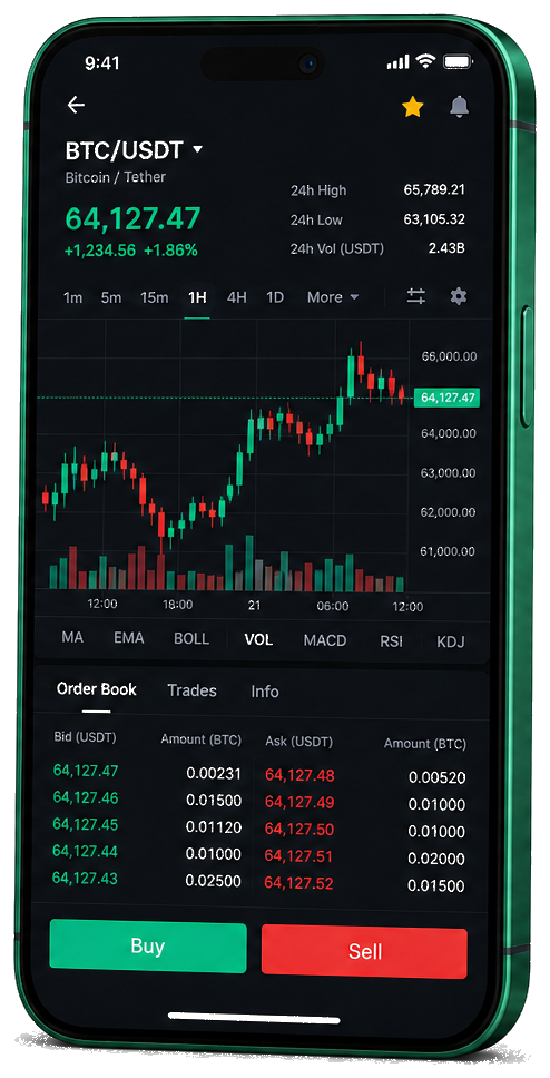 Interface mobile de trading Corso Premium Ricamo contemporaneo — cotations BTC/USDT en temps réel, carnet d’ordres et outils de suivi des opérations